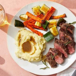 Seared Steaks & Fried Rosemary with Mashed Potatoes & Sherry-Butter