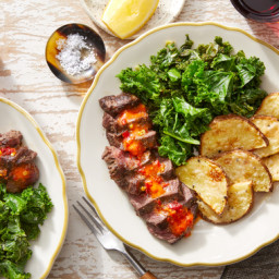 Seared Steaks & Garlic Kale with Cheesy Roasted Potatoes