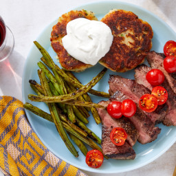 Seared Steaks & Green Beans with Sour Cream & Cheesy Scallion Potat