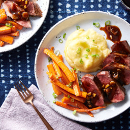 Seared Steaks & Mashed Potato with Steak Sauce & Roasted Carrots