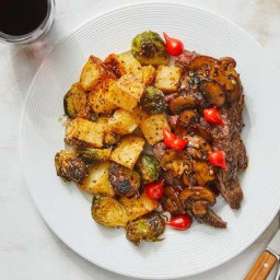 Seared Steaks & Mushroom Agrodolce with Roasted Potatoes & Brussels