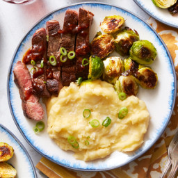 Seared Steaks and Mashed Potatoeswith Roasted Brussels Sprouts and Steak Sa