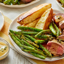 Seared Steaks and Peppercorn Saucewith Roasted Potatoes and Green Beans