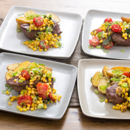 Seared Steaks and Roasted Potatoeswith Corn, Tomatoes and Herbed Crème Fraî