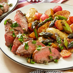 Seared Steaks and Salsa Verdewith Fingerling Potatoes, Asparagus, and Radis