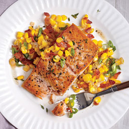 Seared Salmon with Sweet Corn and Bacon Sauté