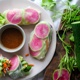 Seasonal Veggie Spring Rolls with Thai Almond Butter Dipping Sauce