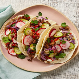 Sesame Beef Tacos with Quick-Pickled Veggies and Chili Sour Cream