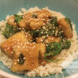 Sesame Chicken and Spinach Over Jasmine Rice