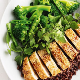 Sesame chicken with black rice, sugar snaps and broccolini