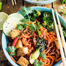 Sesame Ginger Carrot Noodle Stir Fry with Bok Choy and Crispy Tofu