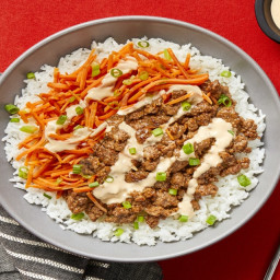 Sesame Soy Beef Bowls with Shredded Carrots, Buttery Rice & Sriracha Mayo