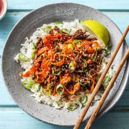 Sesame Sriracha Beef Stir-Fry with Carrot Ribbons and Jasmine Rice
