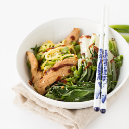 Sesame Chicken and Bok Choy Zucchini Noodle Bowl with Sriracha