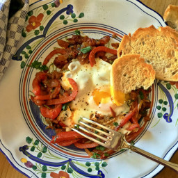 Shakshuka Eggs Poached with Tomatoes and Peppers