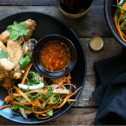 Shanghai chicken wings with ginger-chile dipping sauce and bok choy slaw