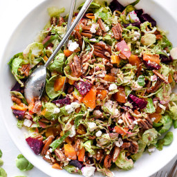 Shaved Brussels Sprouts Salad With Roasted Beets, Pecans and Goat Cheese