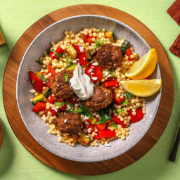 Shawarma Beef Meatballs with Roasted Veggie Couscous and Feta Cheese