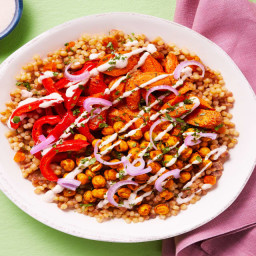 Shawarma Chickpea Couscous Bowls with Roasted Veggies, Pickled Shallot & Ha