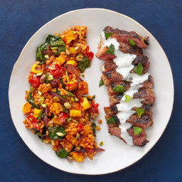 Shawarma-Spiced Strip Steaks with Sesame Labneh & Roasted Vegetable Bar