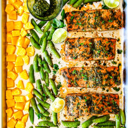 Sheet Pan Asian Chimichurri Salmon with Pineapple and Snap Peas