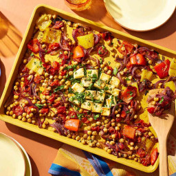 Sheet-Pan Baked Feta with Bell Peppers & Chickpeas Is an Easy Dinner to