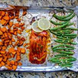 Sheet Pan BBQ Salmon with Chipotle Sweet Potatoes and Green Beans