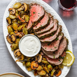Sheet Pan Beef Tenderloin with Mushrooms and Brussels Sprouts 