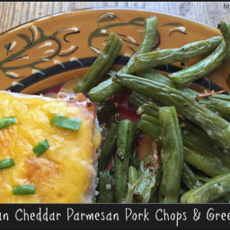 Sheet Pan Cheddar Parmesan Pork Chops & Green Beans