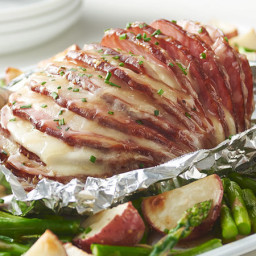 Sheet-Pan Cheesy Hasselback Ham, Potatoes and Asparagus