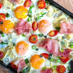 Sheet Pan Eggs With Artichokes and Tomatoes