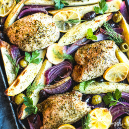 Sheet Pan Greek Chicken with Sweet Potatoes, Red Onion & Olives