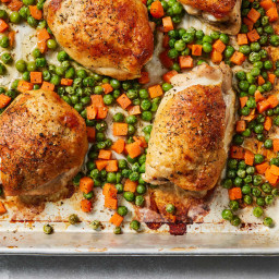 Sheet-Pan Herby Roast Chicken With Peas and Carrots