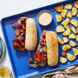 Sheet Pan Hot Italian Sausage Sandwiches with Peppers & Spiced Mayo