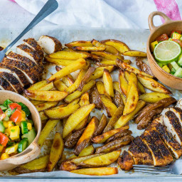 Sheet Pan Jerk Chicken with Baked Fries + Fresh Mango Salsa Recipe