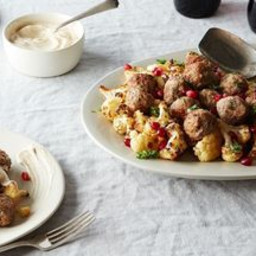 Sheet Pan Lamb Meatballs with Cauliflower and Tahini-Yogurt Sauce