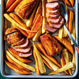 Sheet-Pan Maple-Glazed Pork Tenderloin with Sweet Potatoes and Parsnips