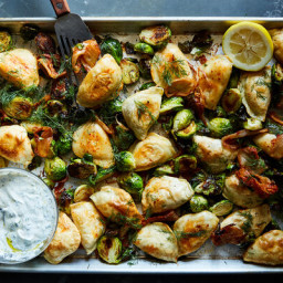 Sheet-Pan Pierogies With Brussels Sprouts and Kimchi