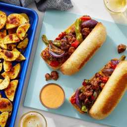 Sheet Pan Pork Sausage & Pepper Sandwiches with Spiced Mayo & Parme
