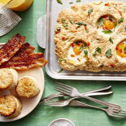 Sheet Pan Ricotta-Chive Biscuits with Baked Eggs