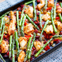 Sheet Pan Roasted Asparagus and Chicken With Chorizo