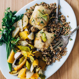 Sheet Pan Roasted Chicken and Vegetables over Herbed Farro