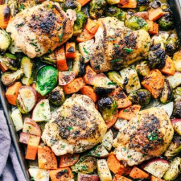 Sheet Pan Roasted Garlic Butter Herb Chicken with Potatoes and Brussels Spr