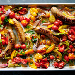 Sheet-Pan Sausage With Peppers and Tomatoes