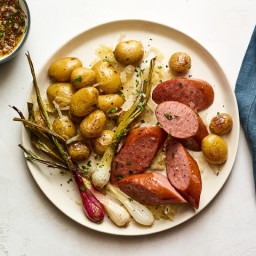 Sheet-Pan Sausage With Spring Onions, Potatoes and Mustard