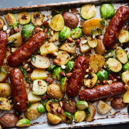 Sheet-Pan Sausages and Brussels Sprouts With Honey Mustard