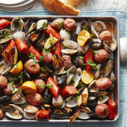 Sheet Pan Seafood Bake with Buttery Wine Sauce