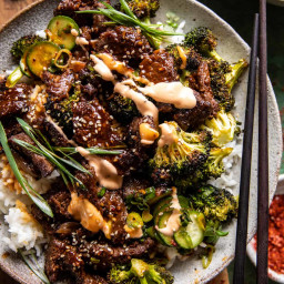 Sheet Pan Spicy Ginger Sesame Beef and Broccoli.