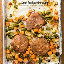 Sheet Pan Spicy Pork Chops with Brussels Sprouts and Sweet Potatoes Recipe