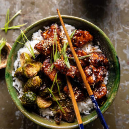 Sheet Pan Sticky Ginger Sesame Chicken and Crispy Brussels Sprouts